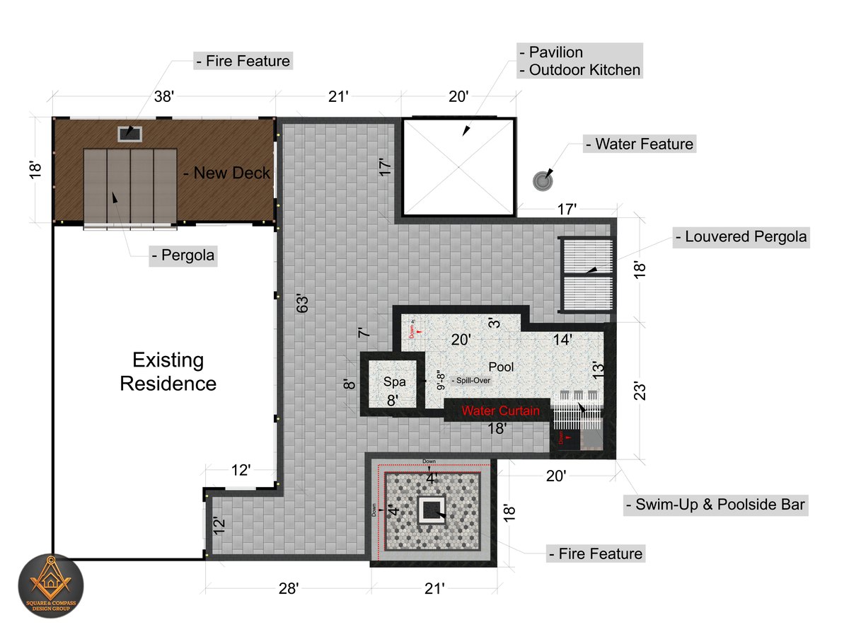 Dimensioned 2D layout of a full backyard