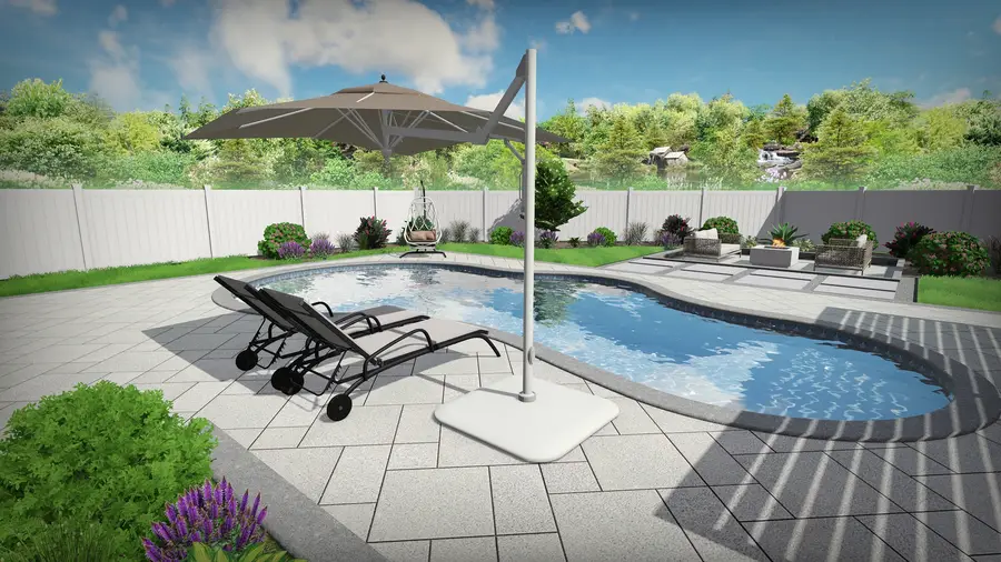 3D rendering of a freeform pool and pergola