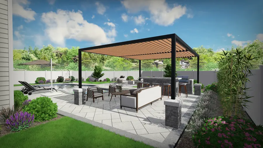 Freeform pool & pergola retreat, view 2