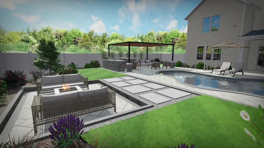 Freeform pool & pergola retreat, view 3