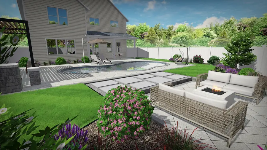 Freeform pool & pergola retreat, view 4