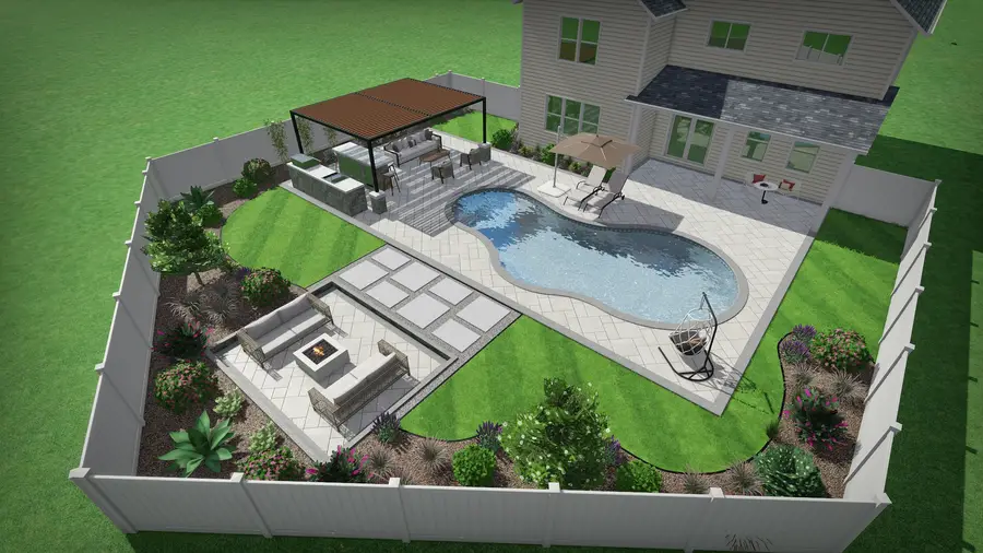 Freeform pool & pergola retreat, view 5