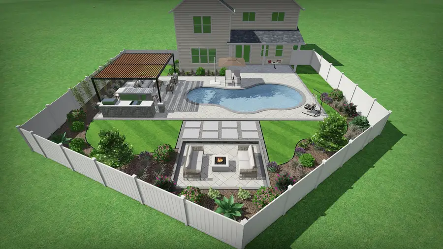 Freeform pool & pergola retreat, view 6
