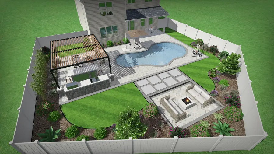 Freeform pool & pergola retreat, view 7