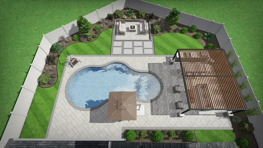 Freeform pool & pergola retreat, view 9