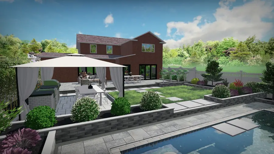 Gazebo kitchen & lap pool, view 3