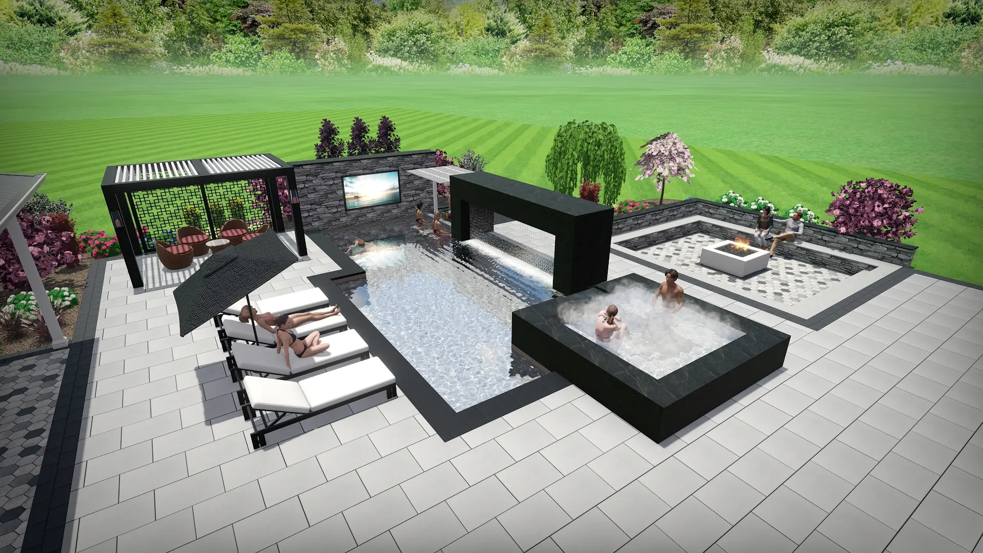Geometric pool and fire lounge in 3D