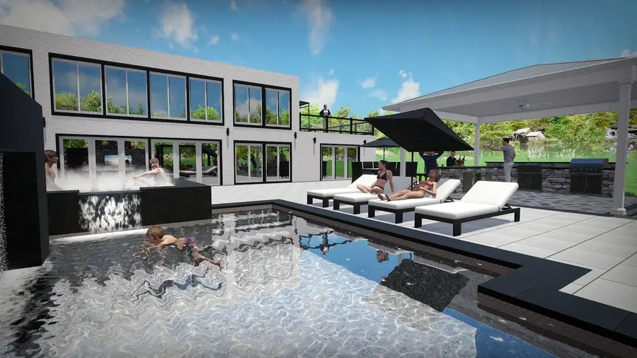 Modern pool & sunken fire lounge, view 2