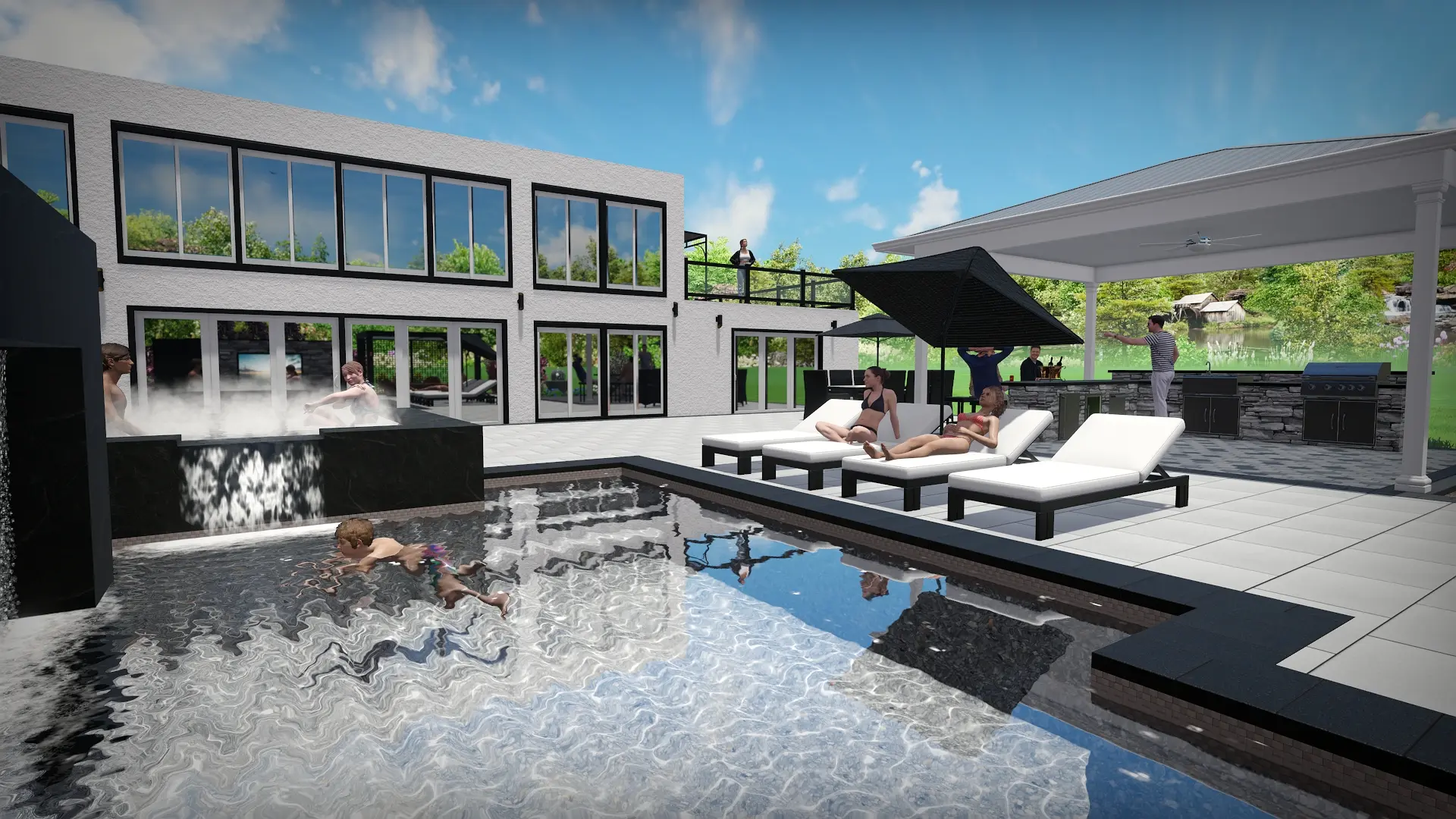 Modern pool and fire lounge rendering