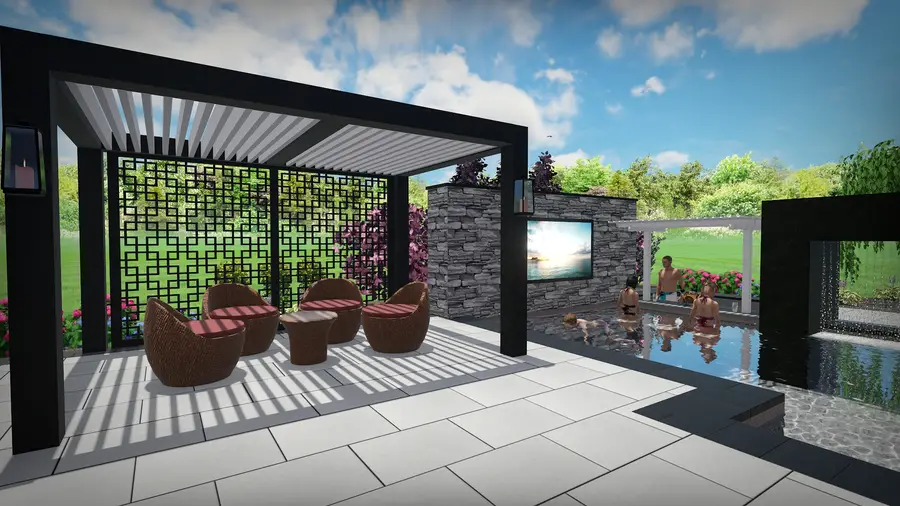 Modern pool & sunken fire lounge, view 6