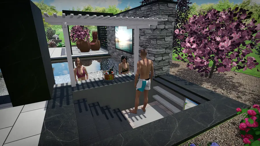 Modern pool & sunken fire lounge, view 9
