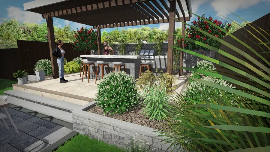 Pergola kitchen & fireplace lounge, view 2